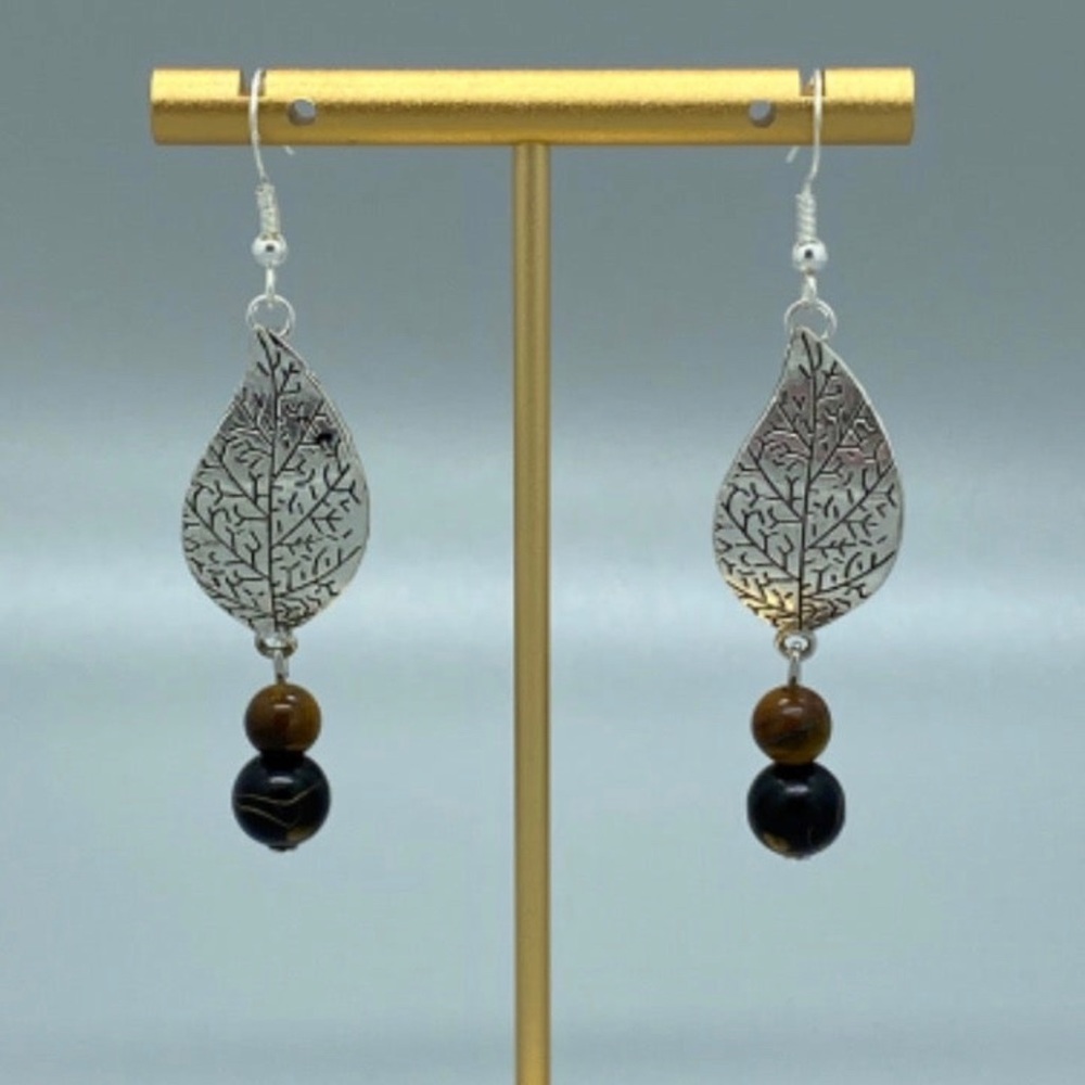 Silver Plated‎ Leaf Amber Tigereye Dangle Earrings Sterling Silver(925) Ear Hook